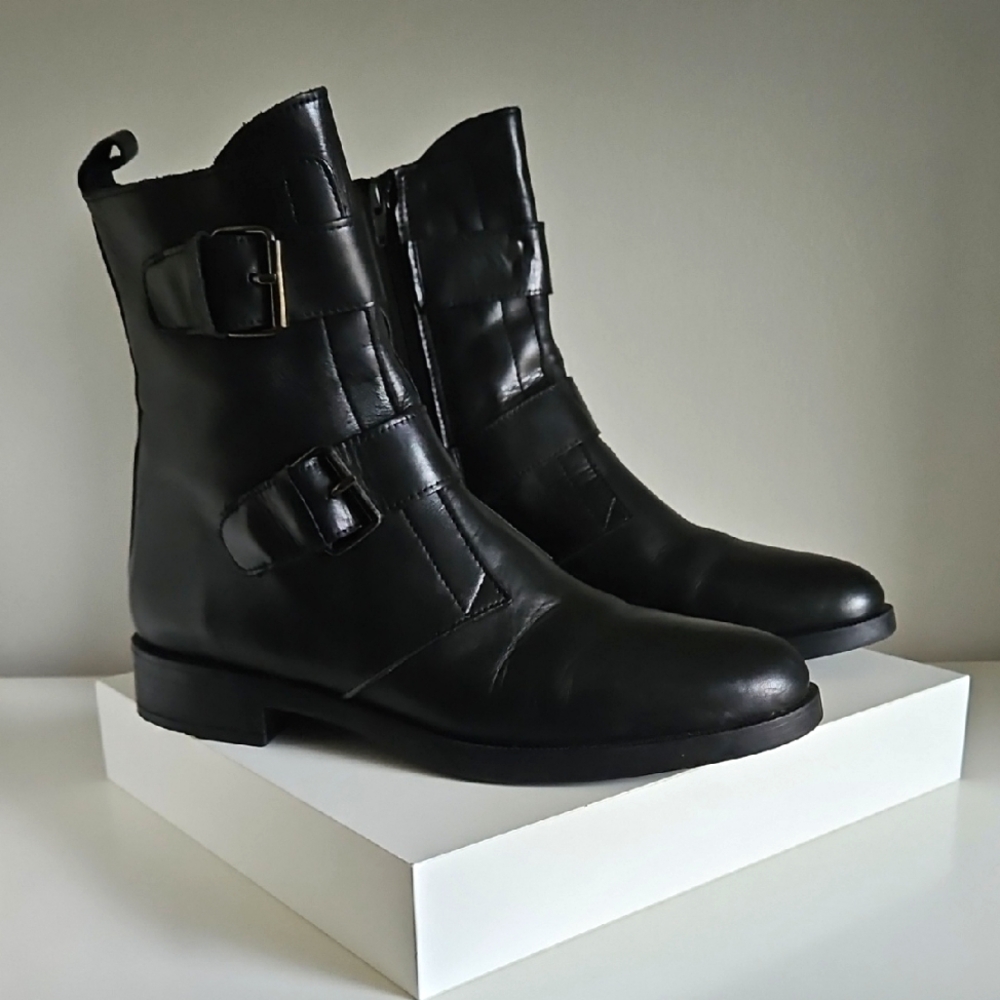 Emanuele Crasto Size Size 41 Italy Black Leather Italian Moto Boots Buckle Zip